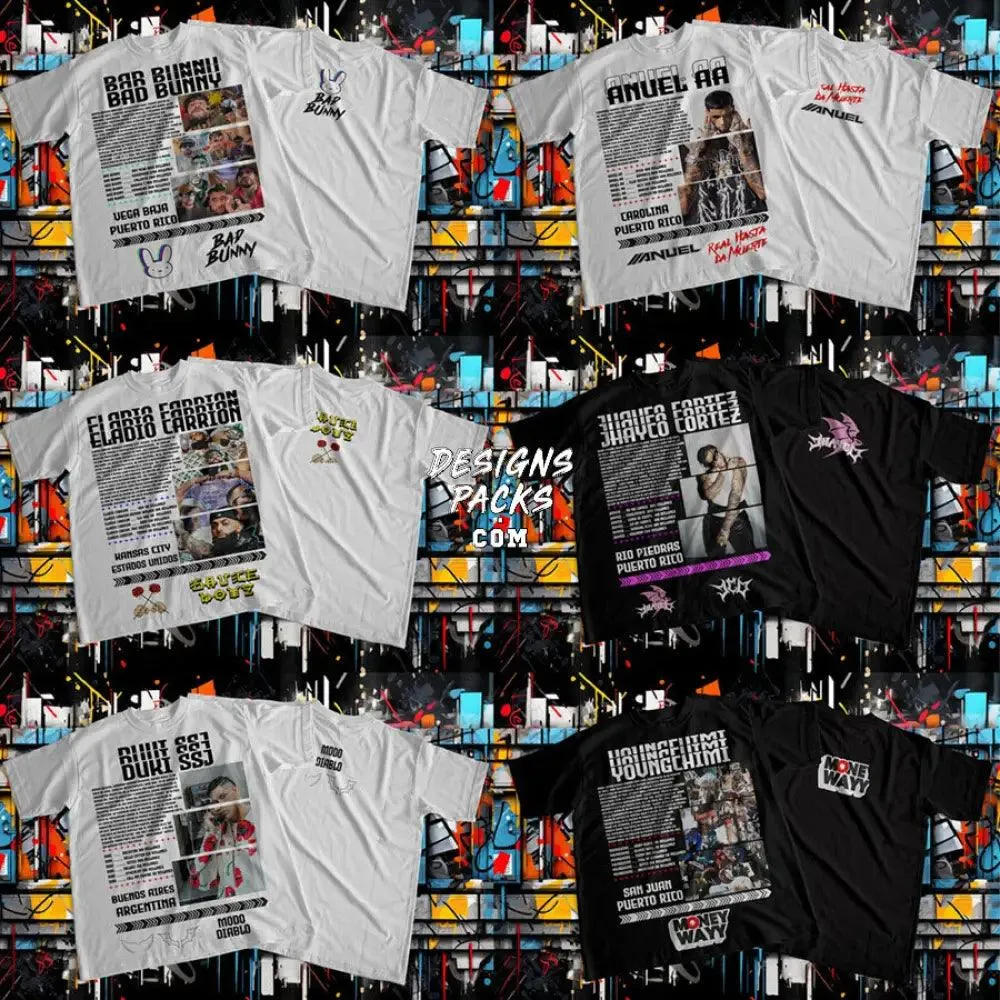 13 Music Stars Latino Street Wear Dual Sides Designs Bundle PNG   PSD