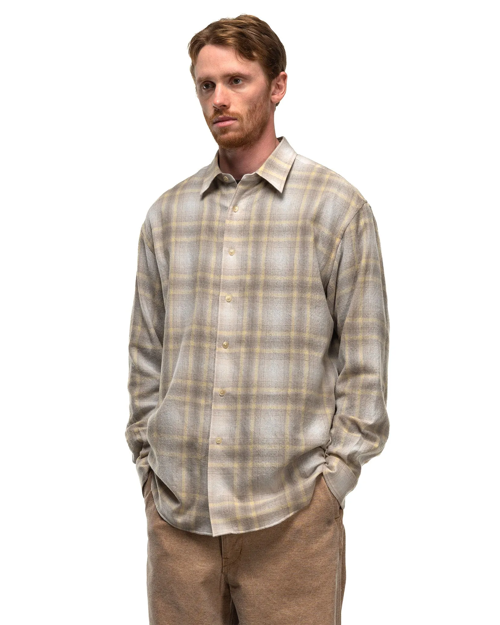 Airy Wool Check Shirt Yellow Gray Check