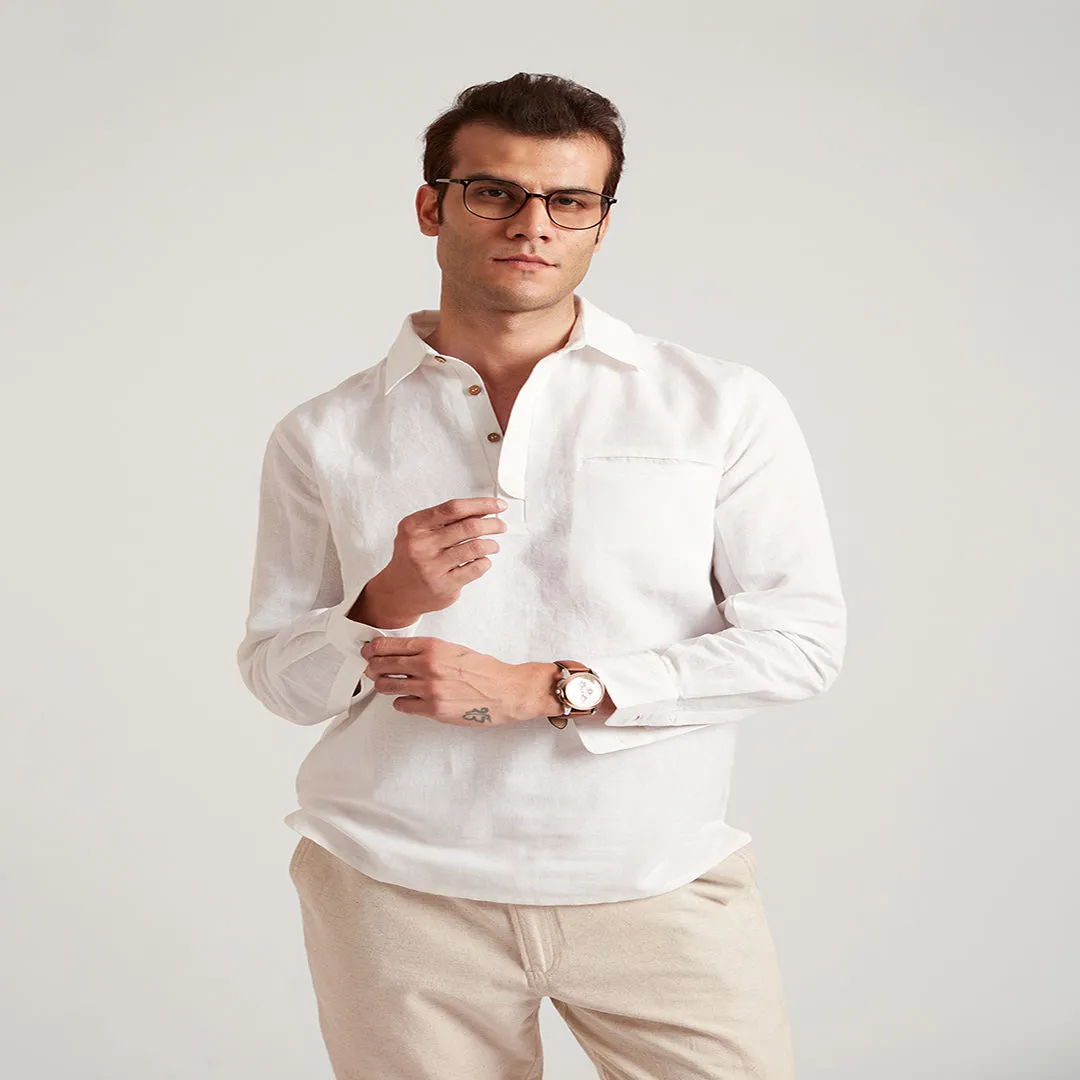B77 ALFRED Semi-Formal White Linen Long Sleeve Men Henley Shirts