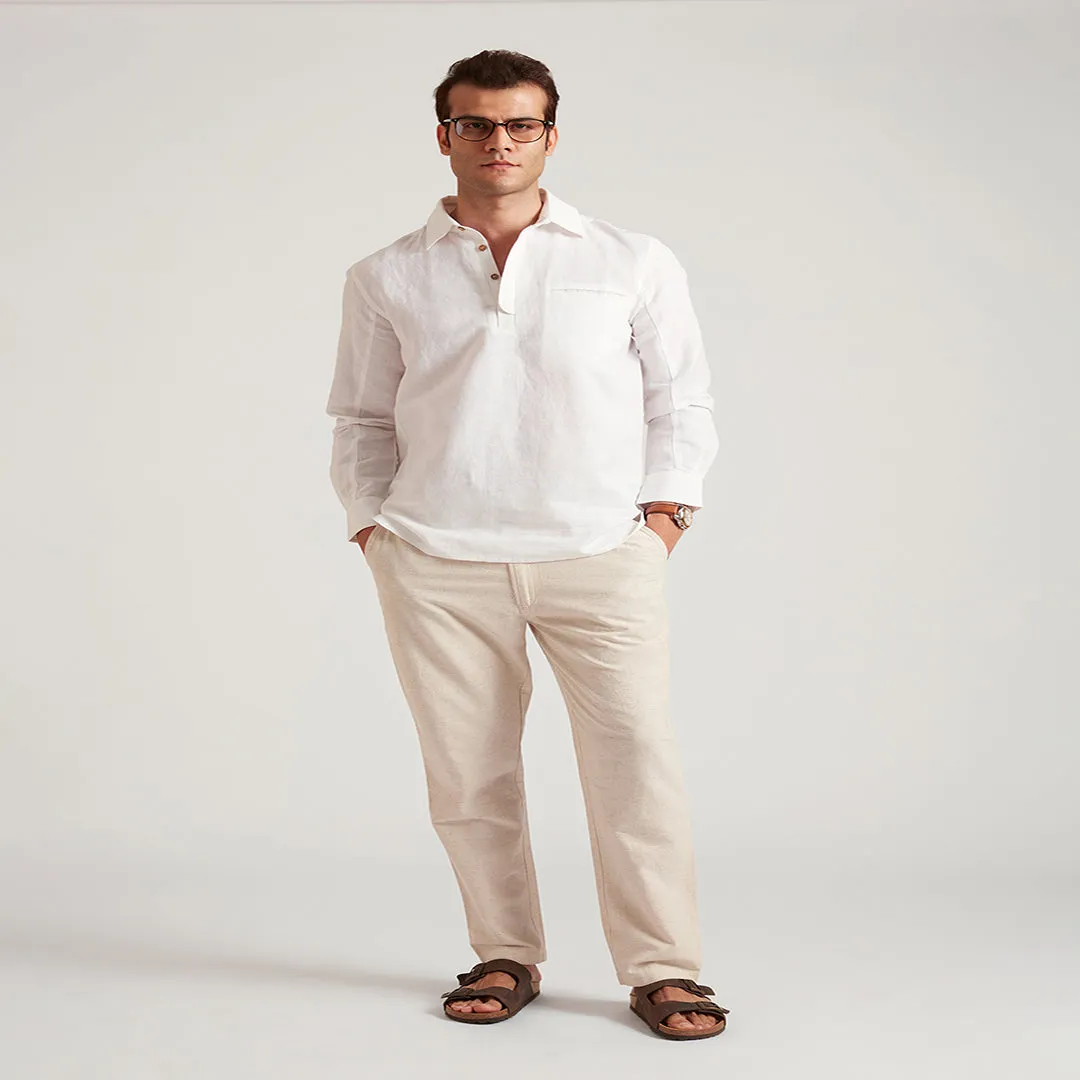 B77 ALFRED Semi-Formal White Linen Long Sleeve Men Henley Shirts