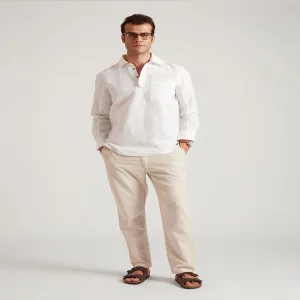 B77 ALFRED Semi-Formal White Linen Long Sleeve Men Henley Shirts