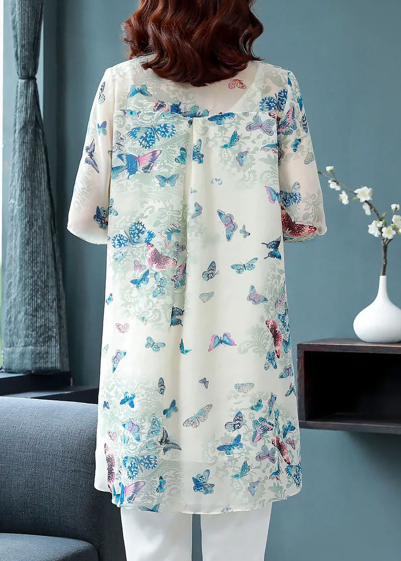 Beautiful Apricot Peter Pan Collar Butterfly Print Chiffon Shirts Top Summer TF1050