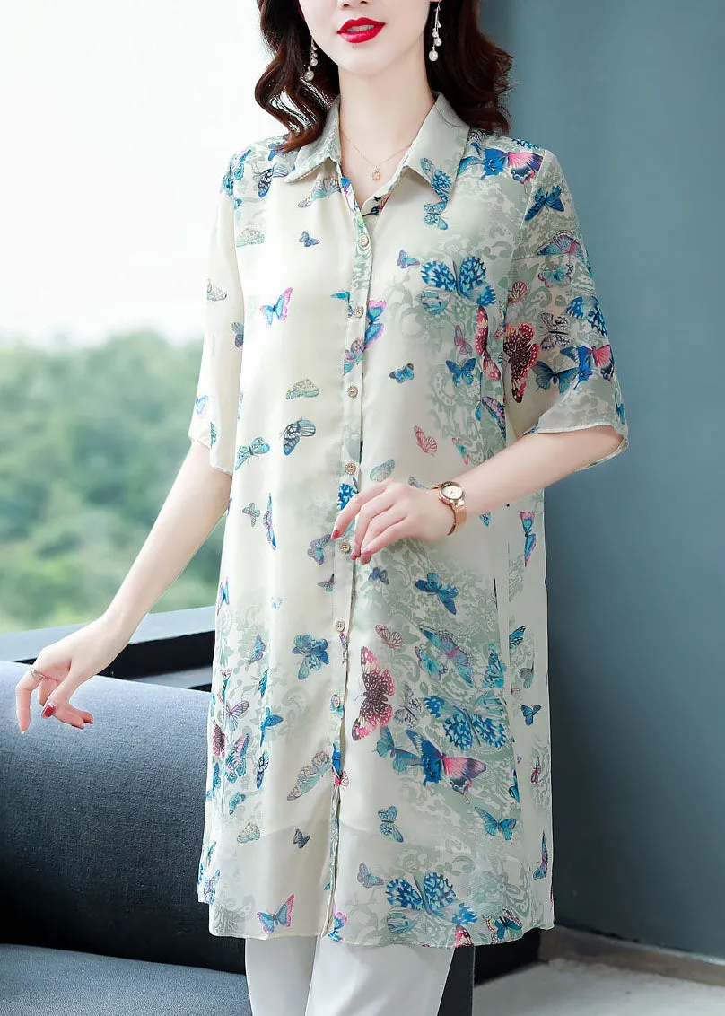 Beautiful Apricot Peter Pan Collar Butterfly Print Chiffon Shirts Top Summer TF1050