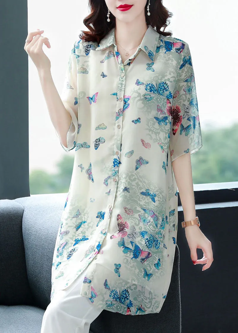 Beautiful Apricot Peter Pan Collar Butterfly Print Chiffon Shirts Top Summer TF1050