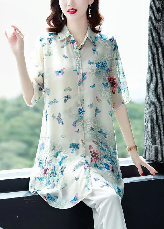Beautiful Apricot Peter Pan Collar Butterfly Print Chiffon Shirts Top Summer TF1050