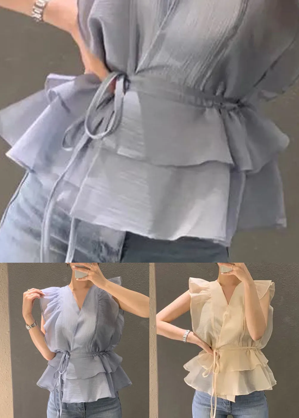 Beautiful Blue Cinched Ruffles Shirts Sleeveless LY2622
