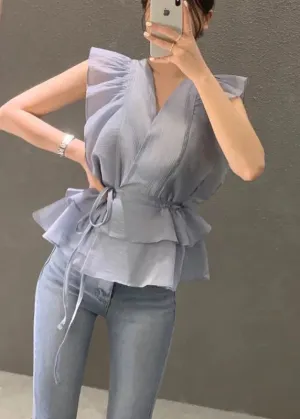 Beautiful Blue Cinched Ruffles Shirts Sleeveless LY2622