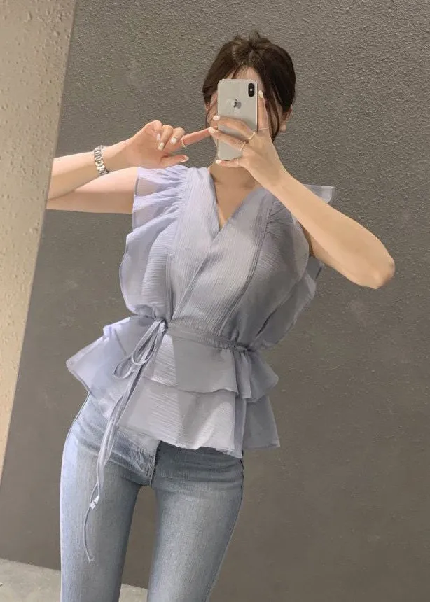 Beautiful Blue Cinched Ruffles Shirts Sleeveless LY2622
