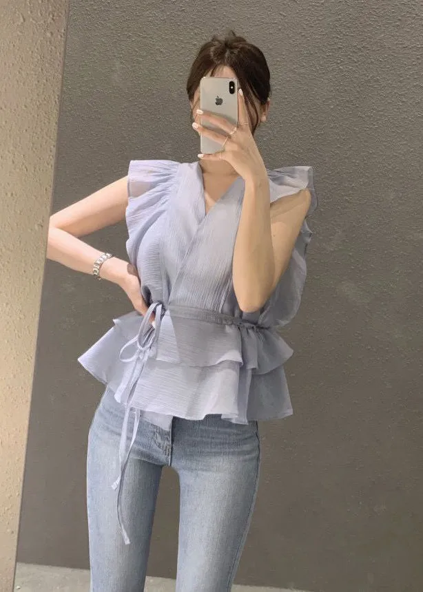 Beautiful Blue Cinched Ruffles Shirts Sleeveless LY2622