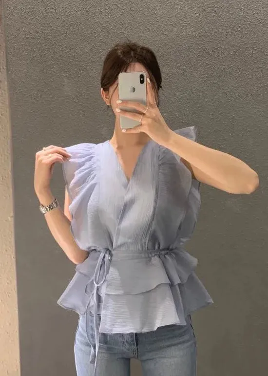 Beautiful Blue Cinched Ruffles Shirts Sleeveless LY2622