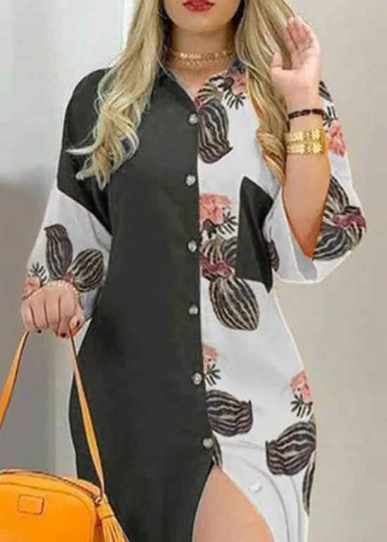 Black Patchwork Print Chiffon Shirts Dress Button Spring LY1931