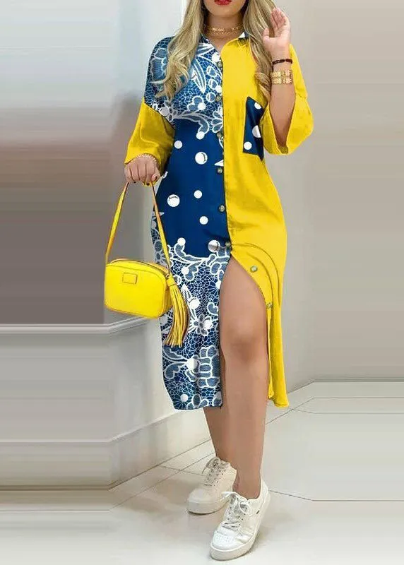 Black Patchwork Print Chiffon Shirts Dress Button Spring LY1931