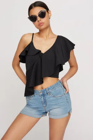 Blouse courte asymétrique de style plongée volantée à épaule unique