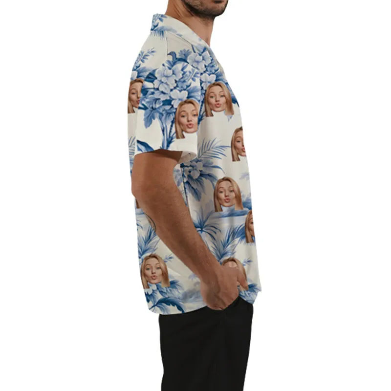 Blue and White Men’s Floral Blouse Casual Button Down Short Sleeve Aloha Hawaiian Shirt