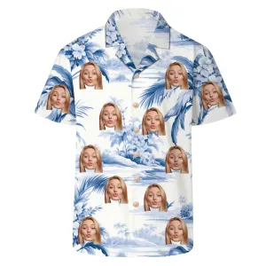Blue and White Men’s Floral Blouse Casual Button Down Short Sleeve Aloha Hawaiian Shirt