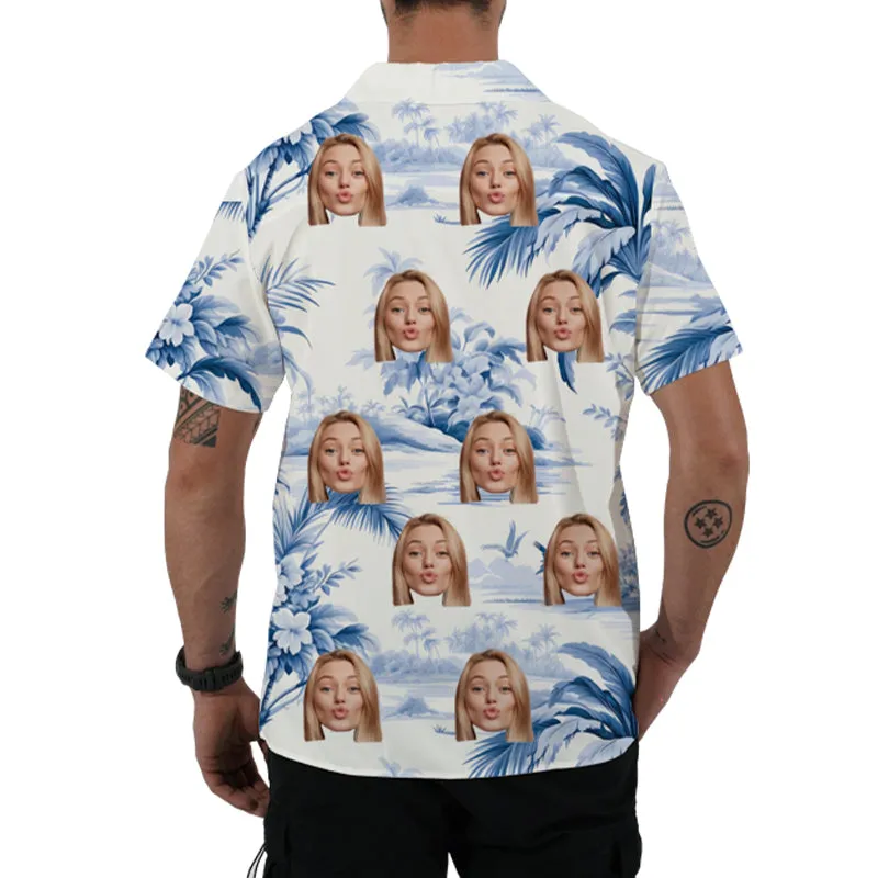 Blue and White Men’s Floral Blouse Casual Button Down Short Sleeve Aloha Hawaiian Shirt