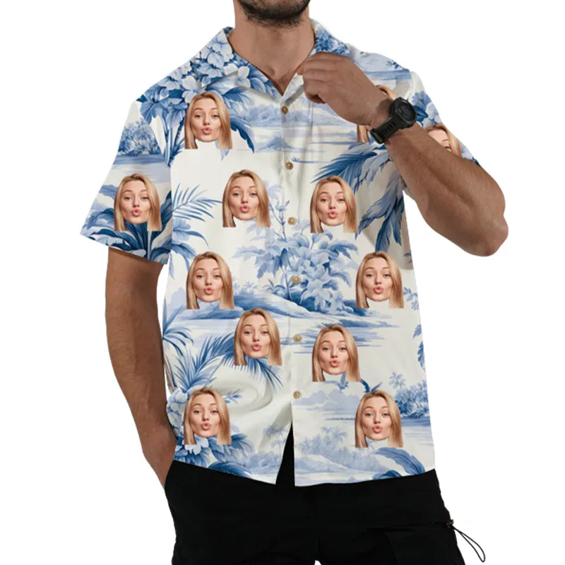 Blue and White Men’s Floral Blouse Casual Button Down Short Sleeve Aloha Hawaiian Shirt