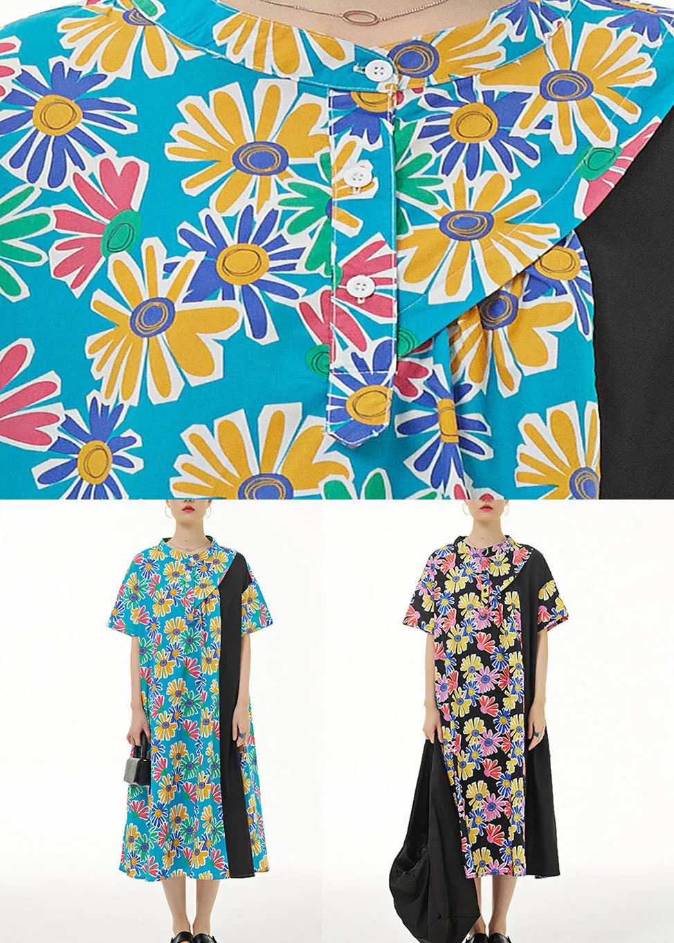 Blue Print Patchwork Cotton Shirts Dresses Stand Collar Summer LY1239