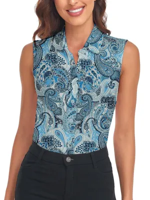 Blue Sleeveless Paisley Floral Athletic Golf Polo Shirts For Women