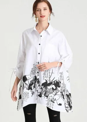 Boho White Peter Pan Collar Button Print Top Shirts
