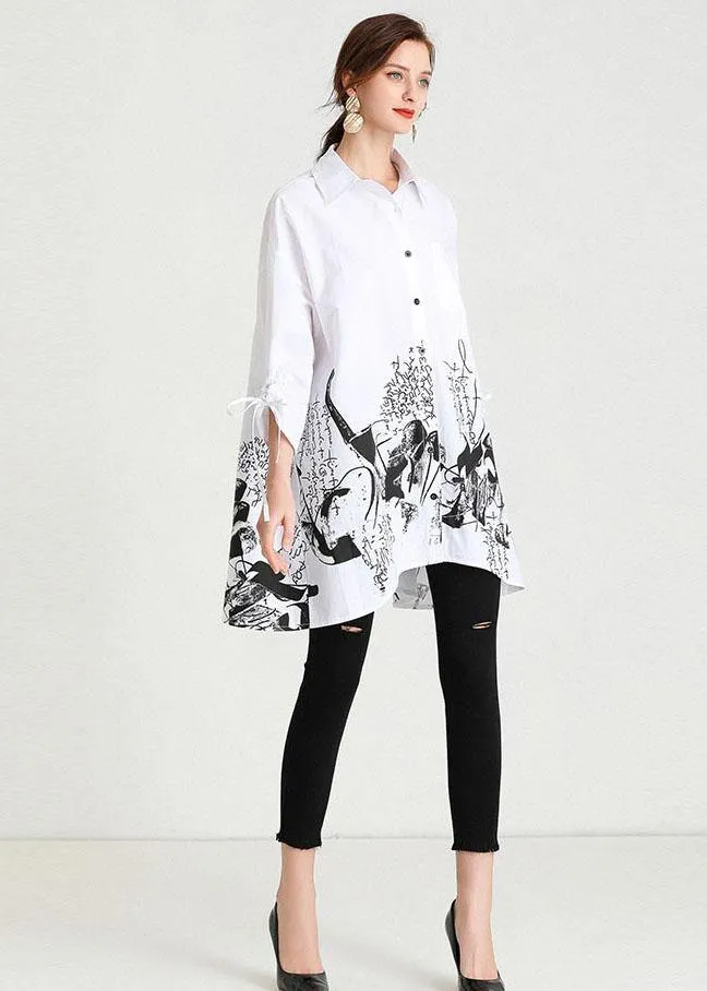Boho White Peter Pan Collar Button Print Top Shirts