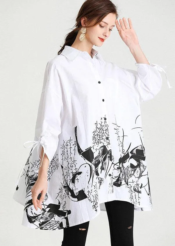 Boho White Peter Pan Collar Button Print Top Shirts