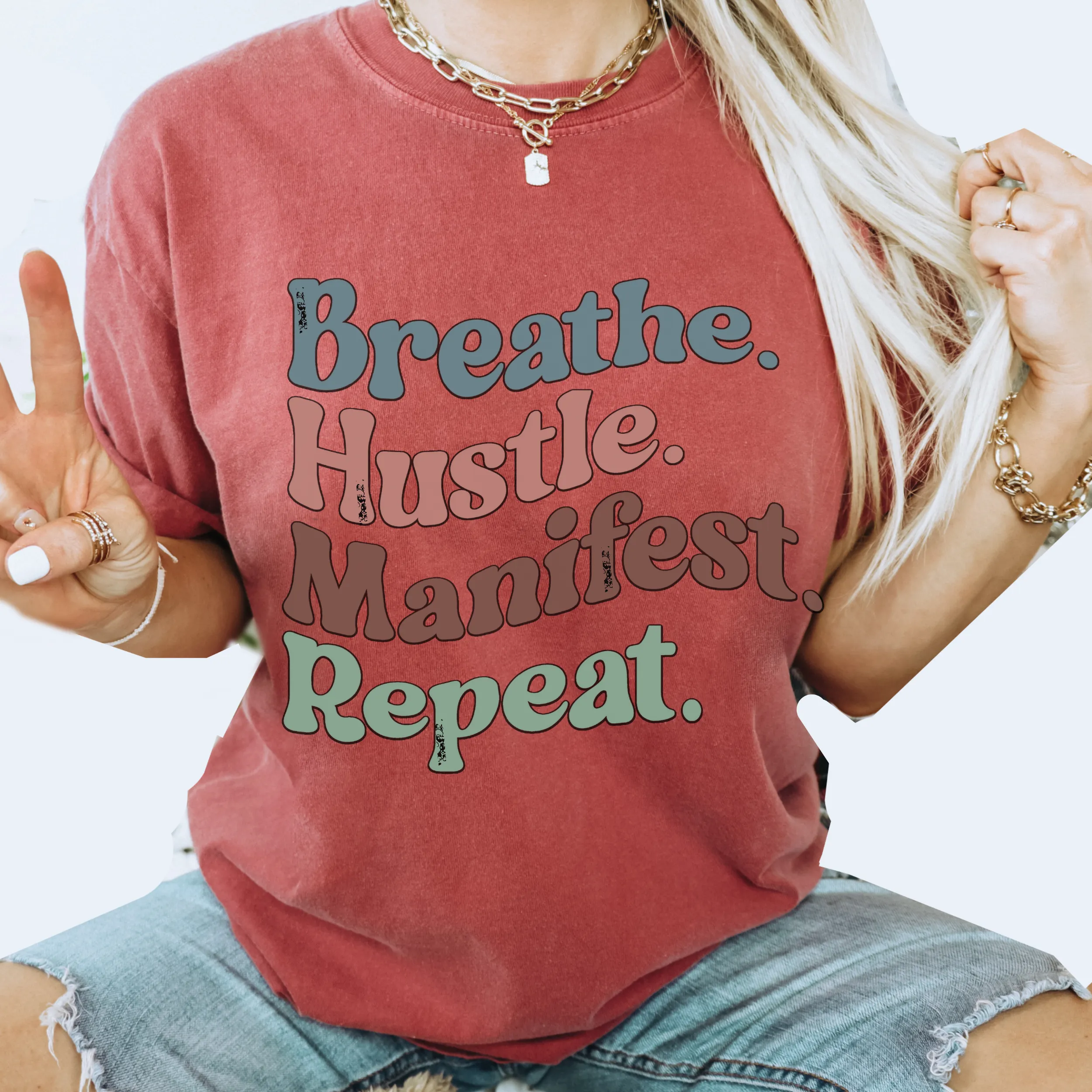 Breathe Hustle Manifest Repeat Tee, 70's Comfort Colors® T-shirt, Spring1970's Retro Design T-Shirt in Five Colors, Trendy Summer Seventies Tee