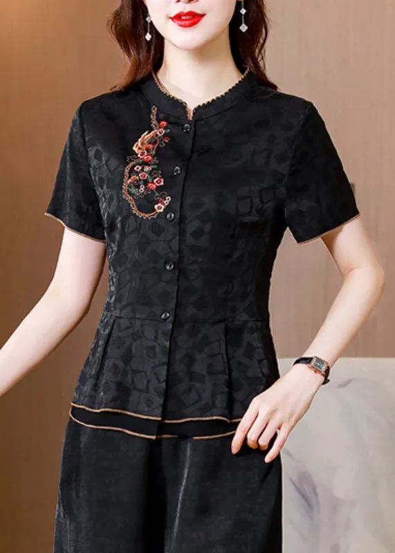 Chinese Style Black Embroideried Patchwork Silk Shirts Summer LY0432
