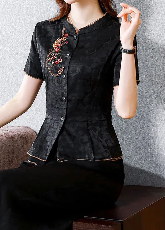 Chinese Style Black Embroideried Patchwork Silk Shirts Summer LY0432