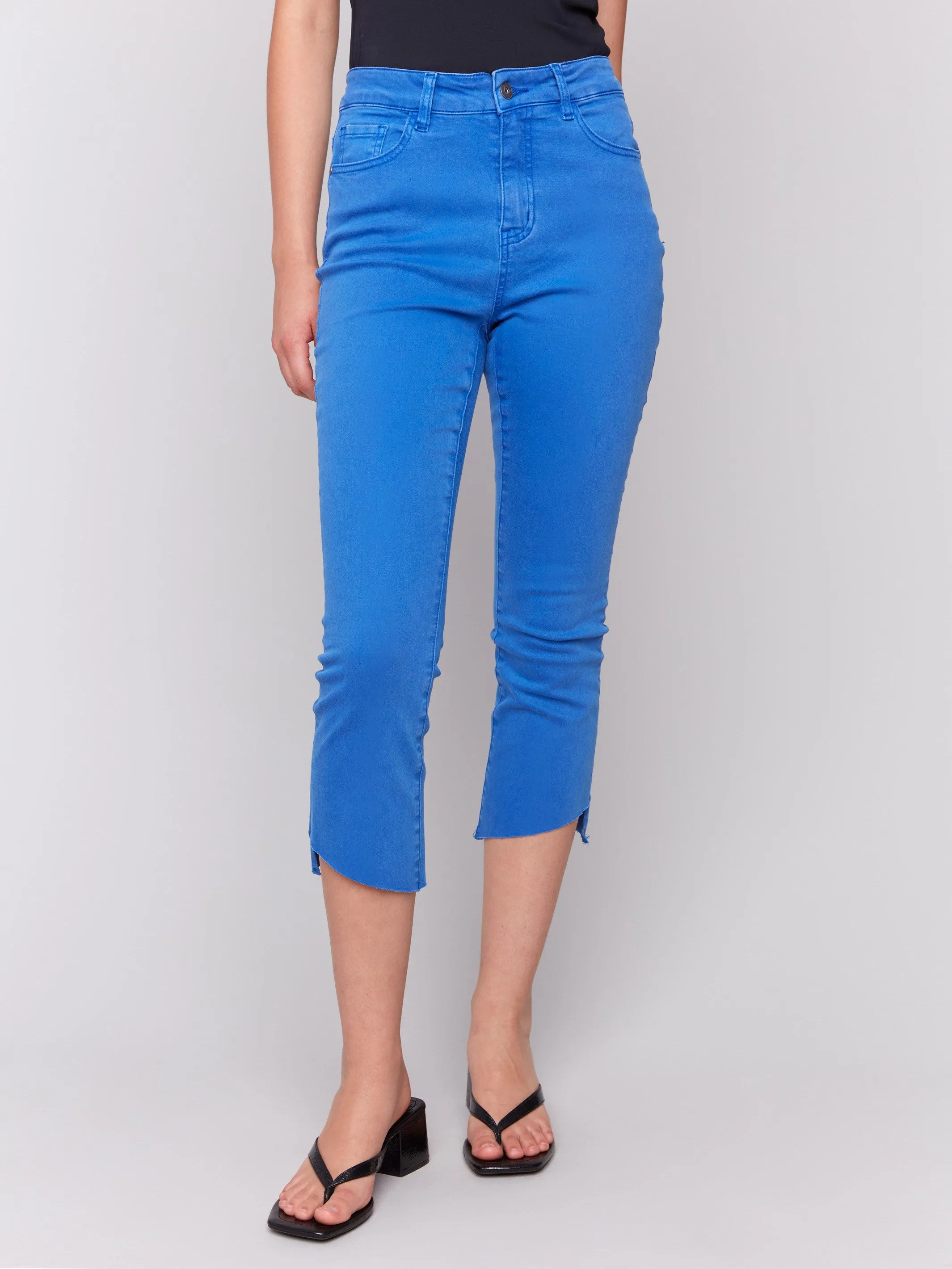 Cropped Twill Pants with Asymmetrical Hem - Coastal