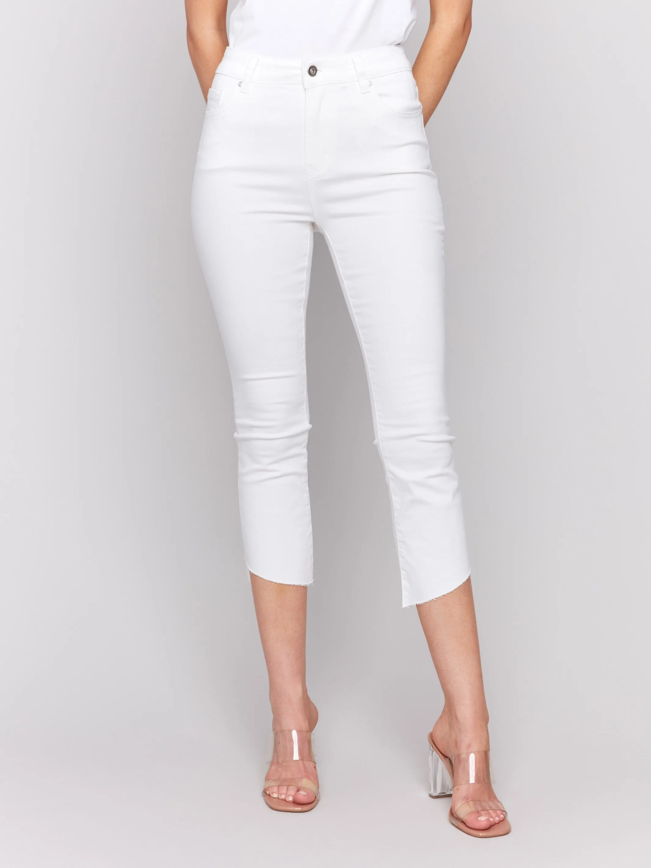 Cropped Twill Pants with Asymmetrical Hem - White