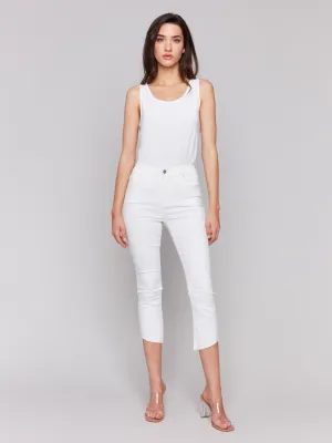 Cropped Twill Pants with Asymmetrical Hem - White