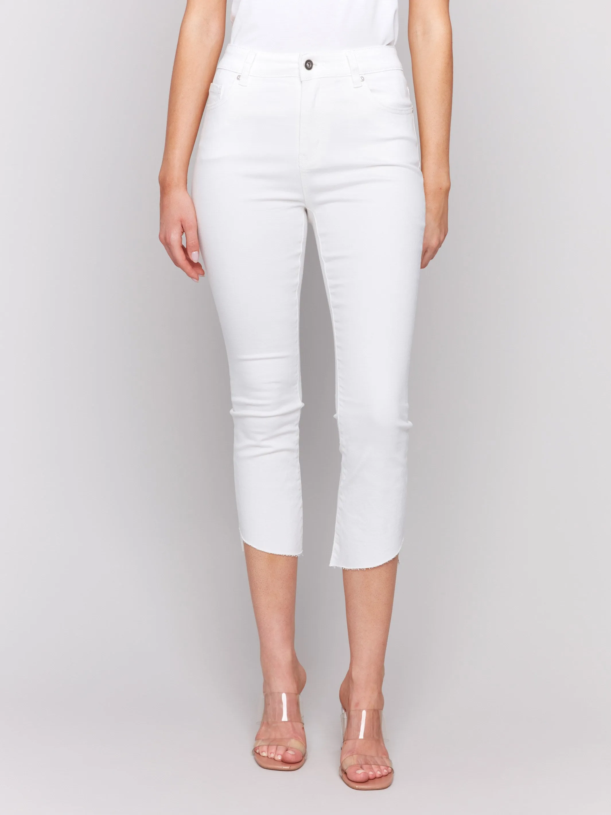 Cropped Twill Pants with Asymmetrical Hem - White