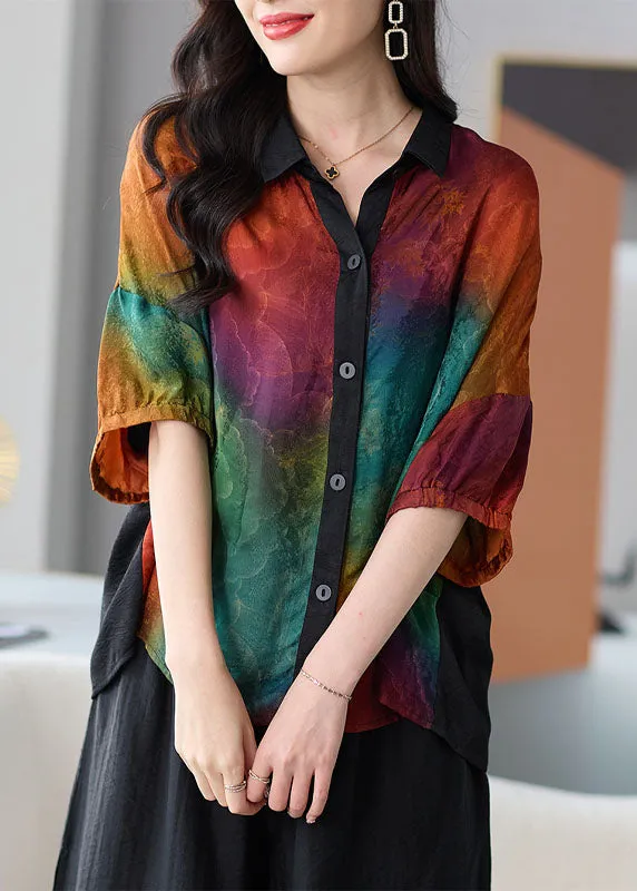 DIY Colorblock Peter Pan Collar Button Patchwork Silk Shirts Summer LY8185