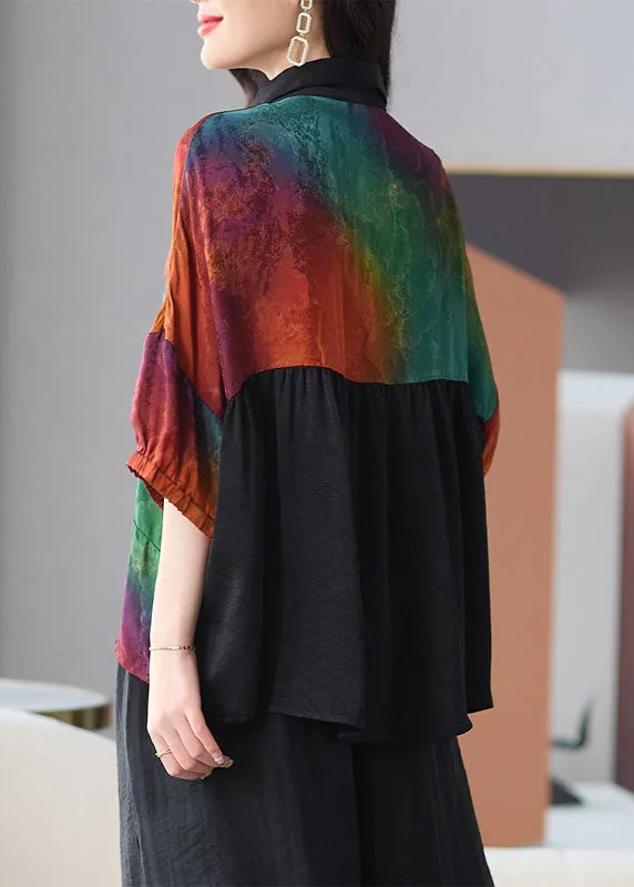 DIY Colorblock Peter Pan Collar Button Patchwork Silk Shirts Summer LY8185