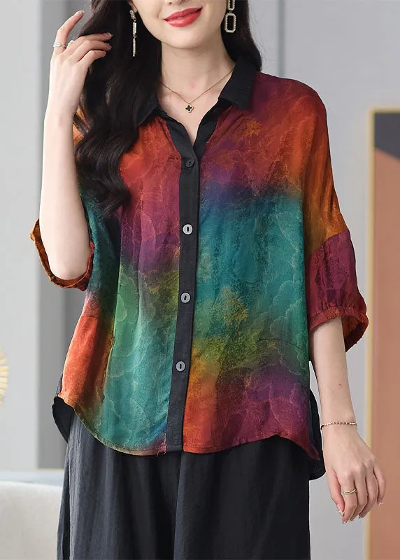 DIY Colorblock Peter Pan Collar Button Patchwork Silk Shirts Summer LY8185