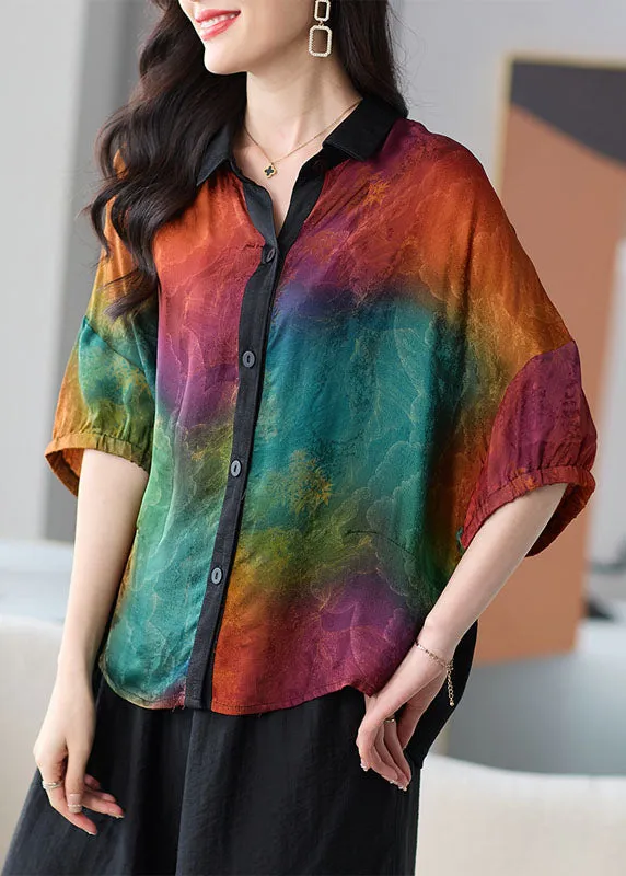 DIY Colorblock Peter Pan Collar Button Patchwork Silk Shirts Summer LY8185