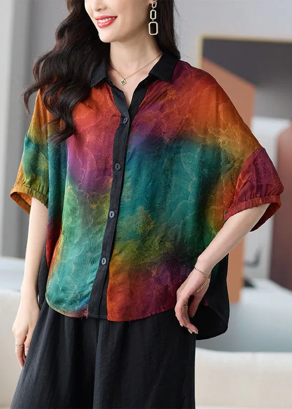 DIY Colorblock Peter Pan Collar Button Patchwork Silk Shirts Summer LY8185