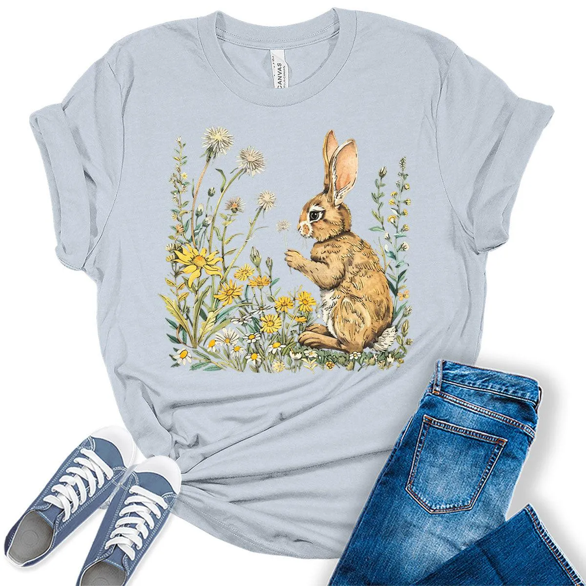 Easter Bunny Shirts for Women Wildflower Daisy Floral Vintage Graphic Tees