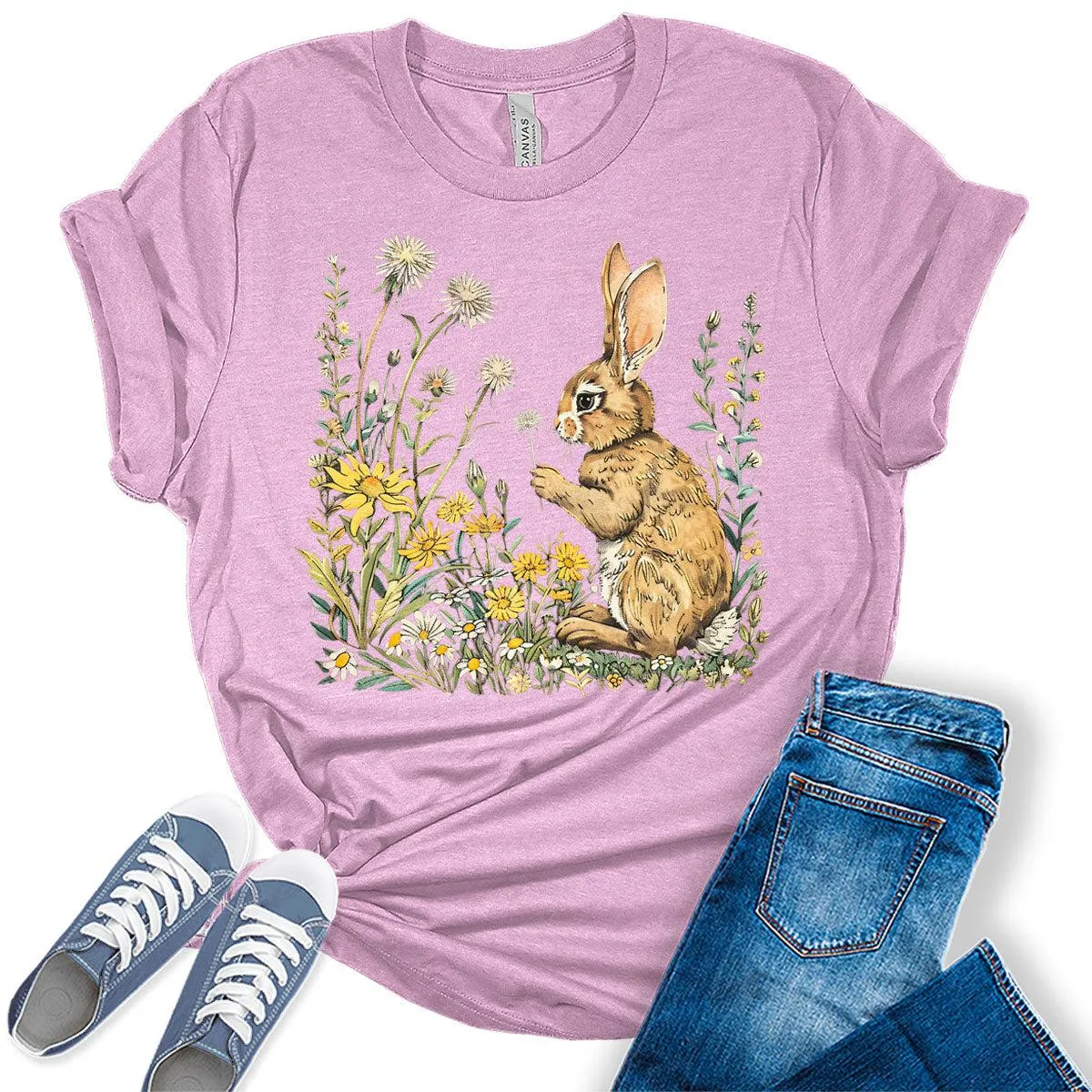 Easter Bunny Shirts for Women Wildflower Daisy Floral Vintage Graphic Tees