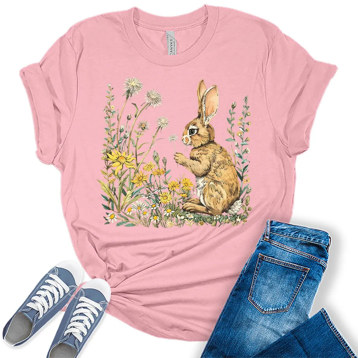 Easter Bunny Shirts for Women Wildflower Daisy Floral Vintage Graphic Tees