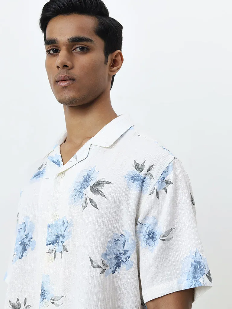 ETA White Floral Pattern Relaxed-Fit Cotton-Blend Shirt