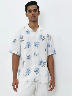 ETA White Floral Pattern Relaxed-Fit Cotton-Blend Shirt