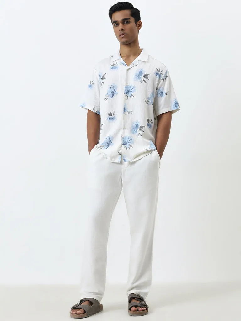 ETA White Floral Pattern Relaxed-Fit Cotton-Blend Shirt