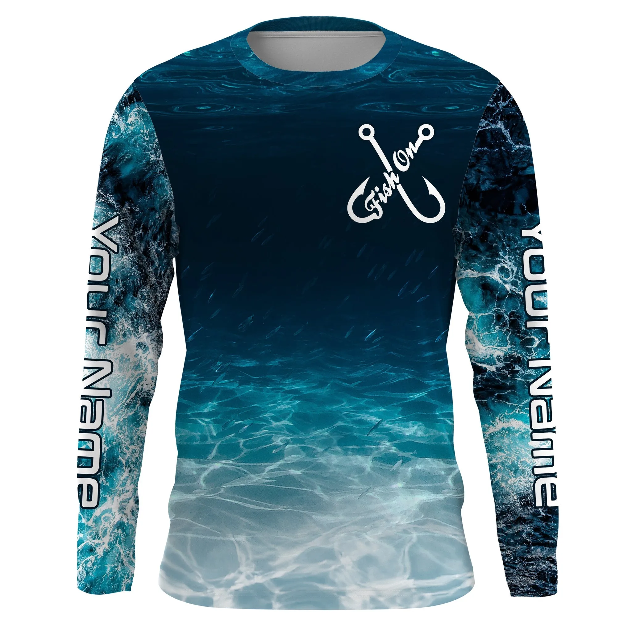 Fish On Blue Sea Water Camo Custom Name Performance Long Sleeve Fishing Shirts