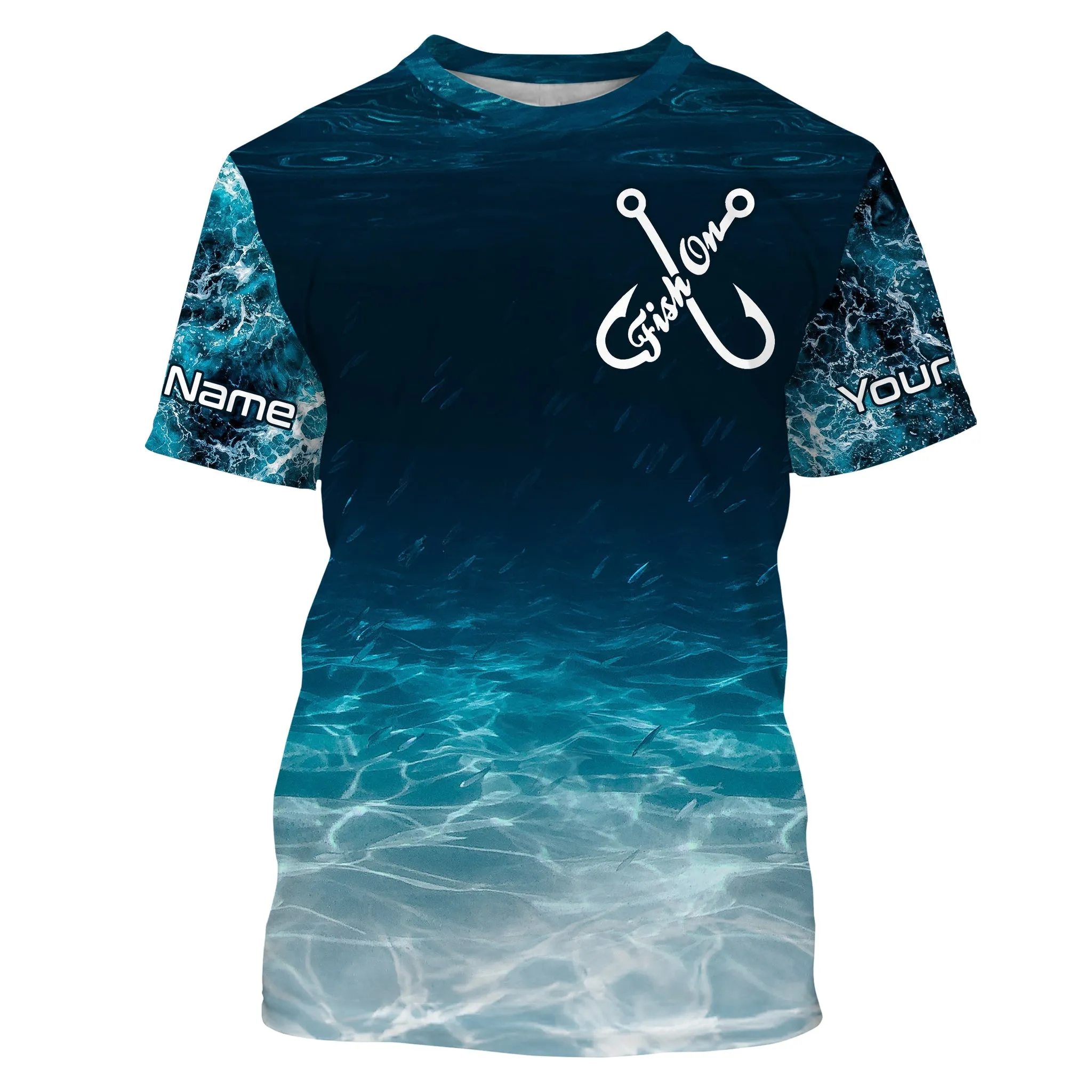 Fish On Blue Sea Water Camo Custom Name Performance Long Sleeve Fishing Shirts