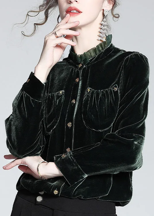 Fitted Blackish Green Stand Collar Button Velour Shirts Long Sleeve LY0099