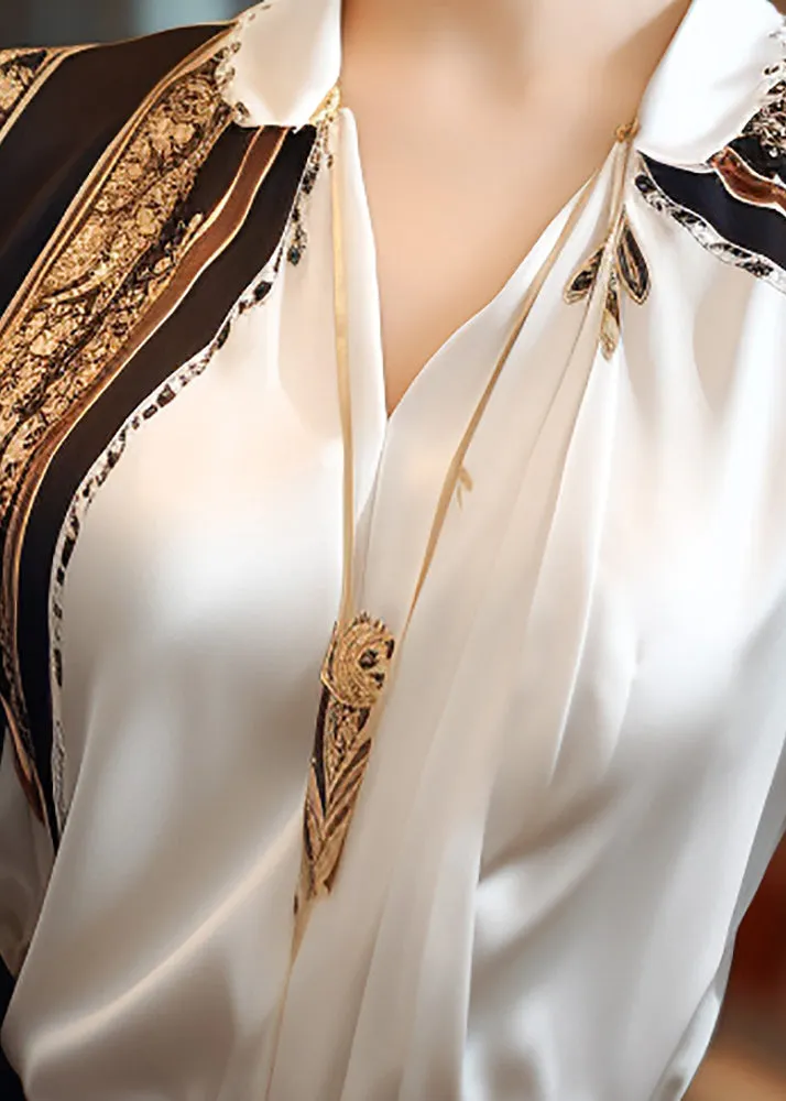 French Apricot Peter Pan Collar Print Patchwork Chiffon Shirts Spring TE040