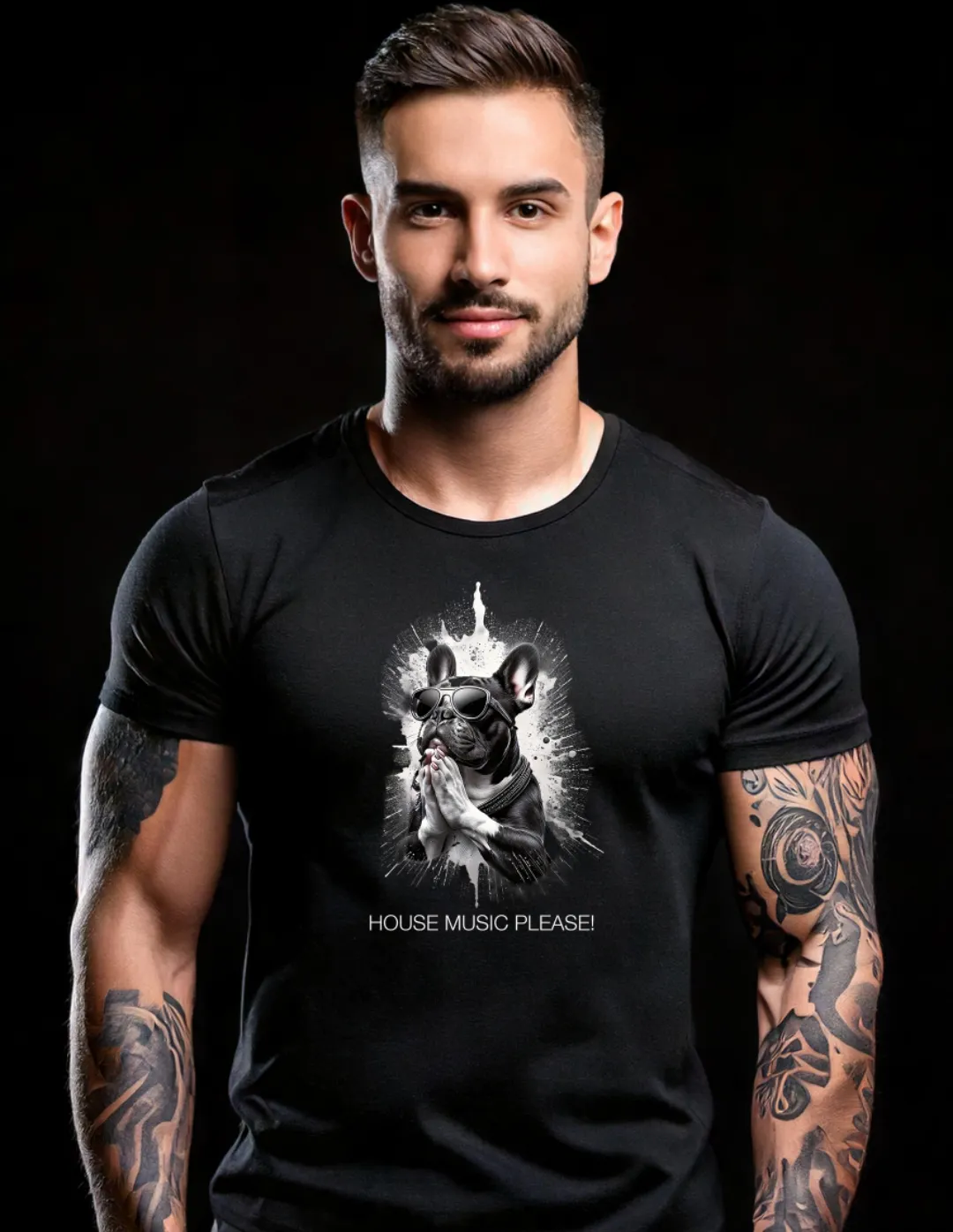 Frenchie House Music Please! Black Collection Art Exclusive T-Shirts | GM