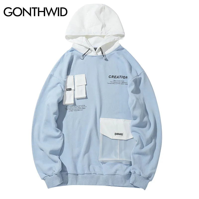 Front Pockets Color Block Patchwork Hoodies